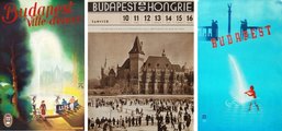 Budapest a vizek városa – hirdeti a baloldalon a francia nyelvű plakát, amelyen érdekes városligeti motívum tűnik fel: egy stilizált korcsolyapálya, a háttérben a parlament sziluettjével. A jégpálya nézői mintha a Városligeti tó hídjának korlátjára támaszkodnának, felsejlik a háttérben a Millenniumi emlékmű oszlopa is. A középső képen egy ugyancsak francia nyelvű Budapest-naptár 1937-ből. A külföldieknek szánt naptár lapjain, a főváros nevezetességei között látványos városligeti fotók is helyet kaptak. Jobbra pedig egy újabb, Budapestet és gyógyfürdőit jelképes városligeti motívummal népszerűsítő plakát (13)