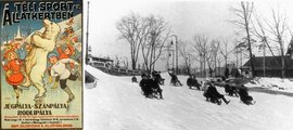 A téli sportolási lehetőségeket ismertető állatkerti plakát 1913-ból (balról). A szánokat ebben az évben egy Lappföldről érkezett nagycsalád rénszarvasai húzták. A jobboldali képen pedig nagyüzem az állatkerti ródlipályán (a Fővárosi Állat- és Növénykert archívumából)