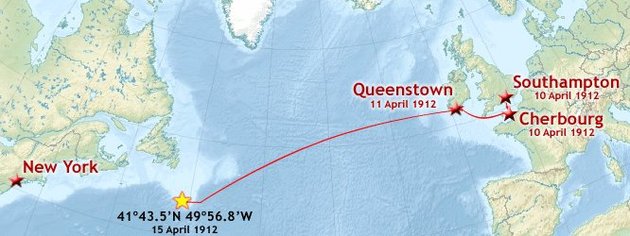 A Titanic útvonala. A katasztrófa koordinátái: É 41° 43’ 30’’; Ny 49° 57’ 2’’ (forrás: wikipédia / Prioryman / CC BY-SA 4.0)