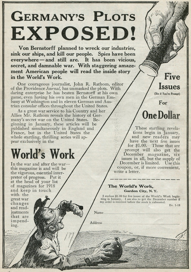 A The World's Work magazin hirdetése 1918-ból, a leleplezett német kémhálózatról szóló anyaggal