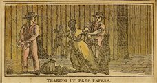 „Feketerigózó” fehérek tépik össze egy fekete állampolgár szabadságát igazoló papírjait az Egyesült Államokban egy 1838-as ábrázoláson (kép forrása: Wikimedia Commons)