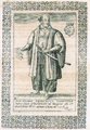 Haszekuráról egy Amati nevű művész által készített rajz, 1615. A szamuráj alakja mellett látható a Rómában neki adományozott címer, egy buddhista horogkereszt nyilak által keresztezve (kép forrása: Wikimedia Commons)